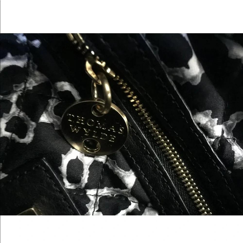 THOMAS WYLDE black gold stud leather leopard print chain strap bag purse